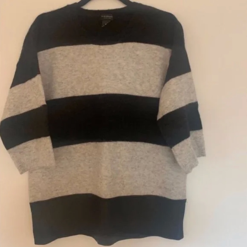 Club Monaco Black & Gray Striped Wool Leather Crewneck Sweater [Small]